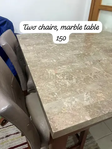Marble dining table with two upholstered chairs - used, good condition