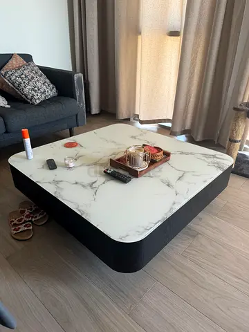 Modern Marble-Top Coffee Table with Black Base