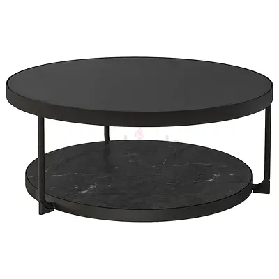 Round Black Marble-Effect Coffee Table with Lower Shelf