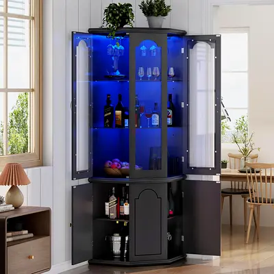 Corner Bar Cabinet w/LED Lights, Tall Modern Wine Cabinet with Tempered Glass Door