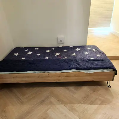 Single wooden bed frame with mattress (low platform) - good condition 212cm by 106cm