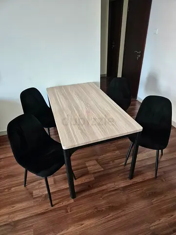 Wood-effect Dining Table with 4 Black Velvet Chairs - Good Condition