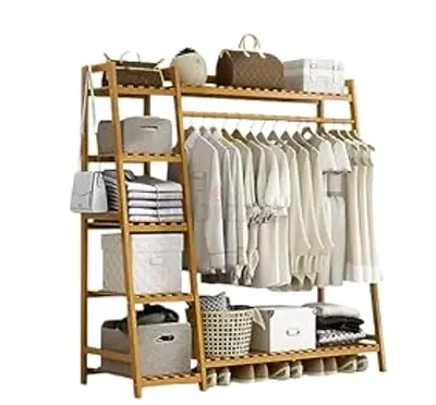 Open Wooden Wardrobe Rack with Shelves — Light Bamboo Finish