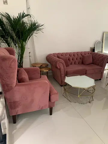 Pink Velvet 2-Seater Sofa with Matching Armchair - Good Condition