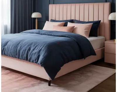 King size Upholstered bed  Frame with Padded Headboard - Blush Pink