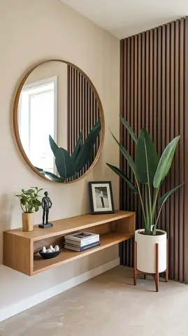 Round Wooden Wall Mirror with Floating Shelf - Modern Entryway Set