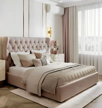 Upholstered King Bed with Tufted Headboard - Beige