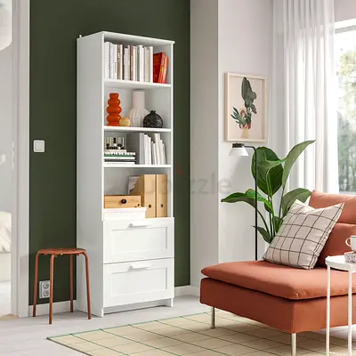 Tall white bookshelf with 4 open shelves and 2 drawers