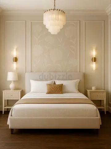 Queen upholstered bed frame with matching bedside tables (set) -