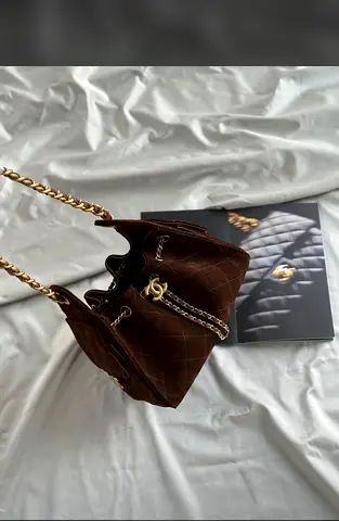 Chanel Brown Quilted Suede Shoulder Bag with Gold Chain Strap