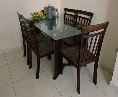 Wooden 6-Seater Dining Table with Glass Top and Chairs - Good Condition