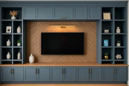 Custom Built-in Entertainment Unit with Shelving and Cabinets - Grey Blue Finish