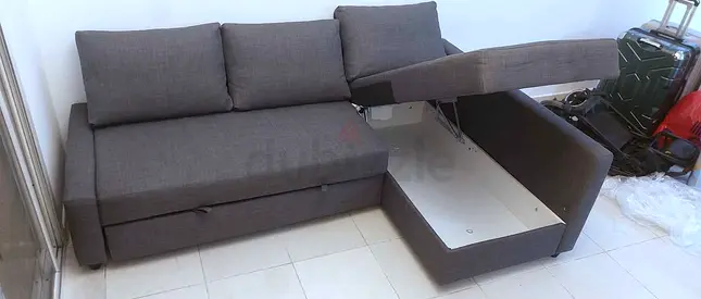 Grey L-shaped Storage Sofa Bed — Compact Corner Sofa with Underseat Storage