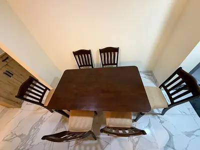 Solid Wood 6-Seater Dining Table Set with Cushioned Chairs - Dark Brown