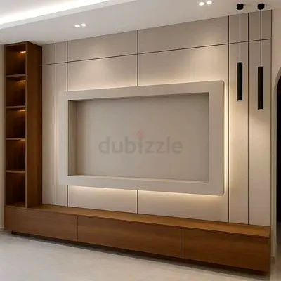 Modern wall-mounted entertainment unit with wood base and recessed TV alcove