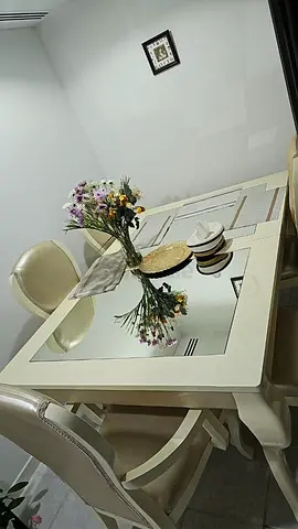 Cream Wooden Dining Table with Glass Inset and 6 Chairs - Good Condition