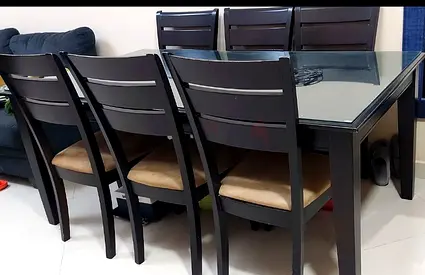 Solid Wood Dining Table with 6 Chairs and Glass Top - Dark Finish