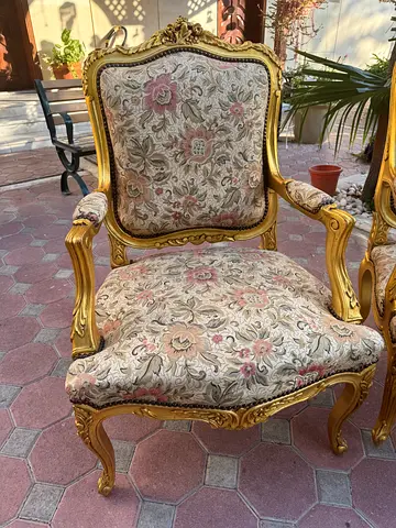 Pair of Vintage Gold-Carved Upholstered Accent Chairs