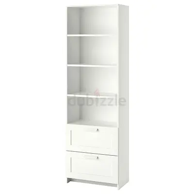 Tall white bookshelf with 4 open shelves and 2 drawers