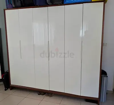6-Door Modern Wardrobe in White High-Gloss with Wood Frame (Heavy Duty)