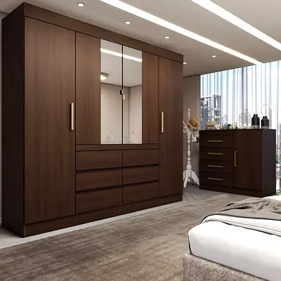 Dark Walnut Wardrobe with Central Mirror and Drawers
