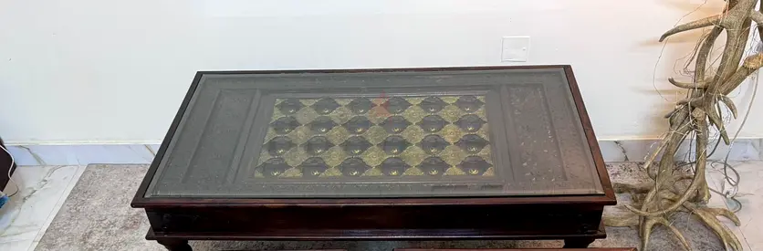 Solid Wood Coffee Table with Glass Top and Inlay Design — Good Condition