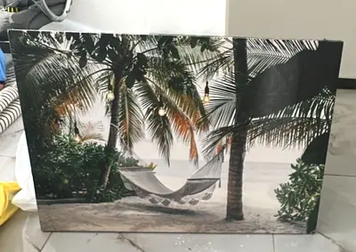Large Tropical Hammock Canvas Wall Art - Beach Scene with light small lamp