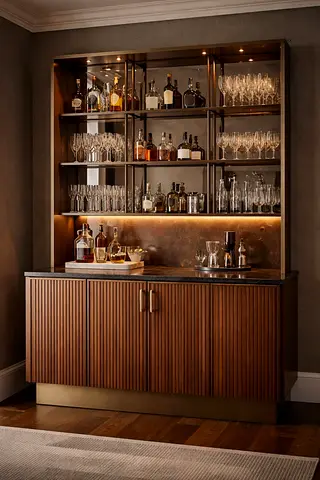 Wooden Sideboard with Open Glass Shelves — Bar Cabinet Style