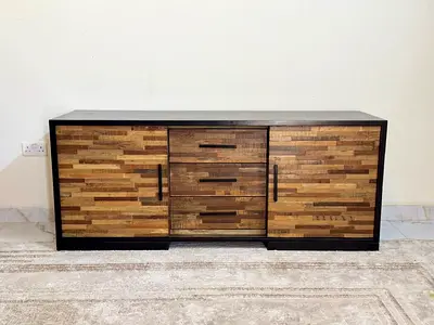 🌟 Crate  Barrel “Seguro” Media Console – Solid Wood | Modern Rustic Luxury