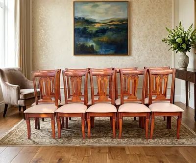 Set of 10 Solid Wood Dining Chairs with Upholstered Seats - Classic Design