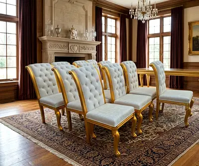 Set of 10 Classic Gold-Trim Upholstered Dining Chairs