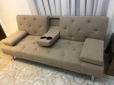 3-Seater Convertible Sofa Bed with Cup Holders — Light Beige