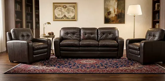 Genuine Leather 3-Seater Sofa with Two Armchairs - Dark Brown