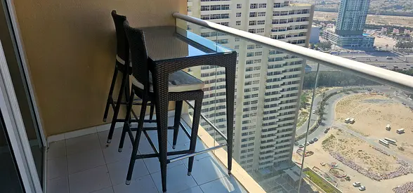 Outdoor rattan-style bar table with 2 stools — balcony set