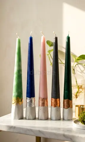 Set of 5 Decorative Taper Candles with Concrete Holders