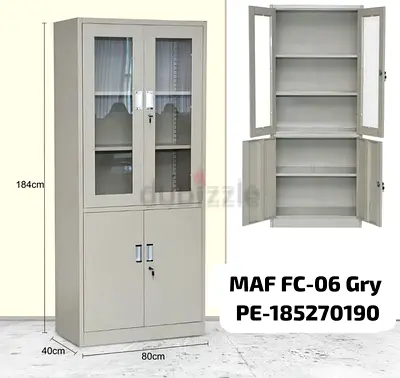 Metal Storage Cabinet with Glass Upper Doors and Lockable Lower Compartment (184cm) - Grey