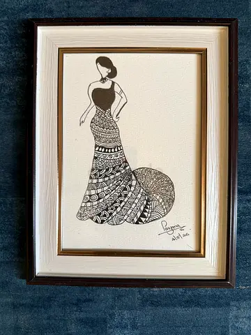 Framed Black  White Ink Drawing of Woman in Patterned Gown