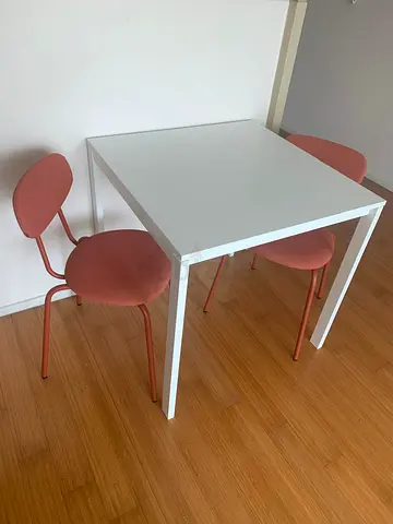 Compact White Dining Table with 2 Coral Chairs - Modern Set