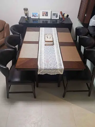 Solid Wood Dining Table - Dark Brown, With 6 leather chairs