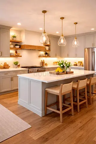Modern kitchen island with pendant lights and wooden bar stools