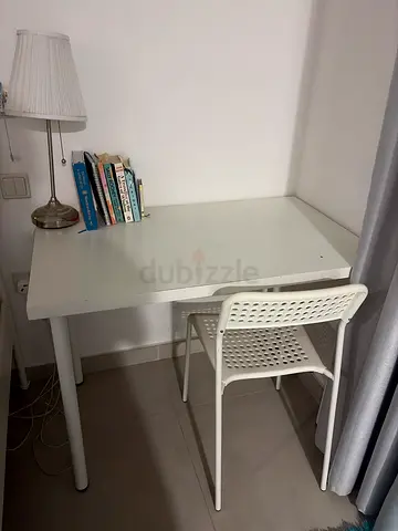 Simple White Rectangular Study Table with Chair