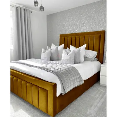 Modern Upholstered Velvet Double Bed Frame with Headboard (Mustard)