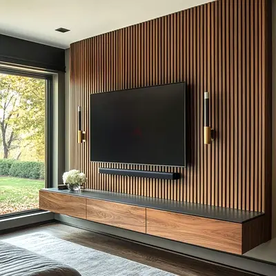 Wall-mounted wooden TV entertainment unit with slatted feature wall