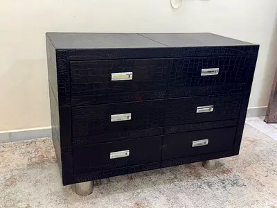 Marina Timothy Oulton Black 6-Drawer Chest with Faux Croc Finish and Metal Handles