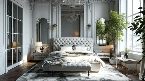 Elegant tufted king-size bed with nightstands and mattress (complete bedroom set look)