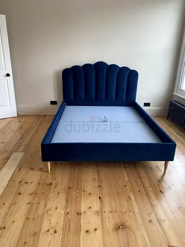 Navy Velvet Scalloped Headboard Bed Frame with Gold Legs - Double/Queen (No Mattress)