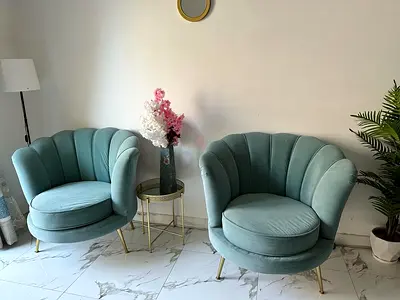 Pair of Mint Green Velvet Shell Armchairs with Gold Legs