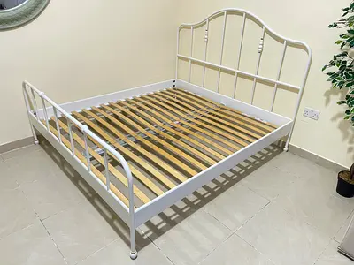 Almost new IKEA White Metal king Bed Frame with Slatted Base 180cm x 200cm