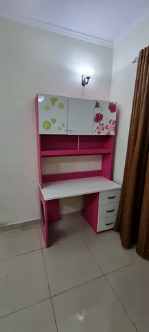 Pink and White Kids Study Desk with Overhead Shelves and Drawers