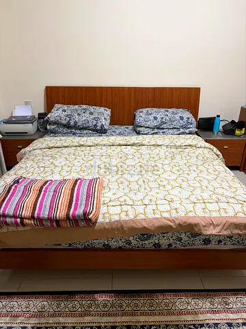 King Bed Frame with Headboard and Mattress (Used) and side table for sale